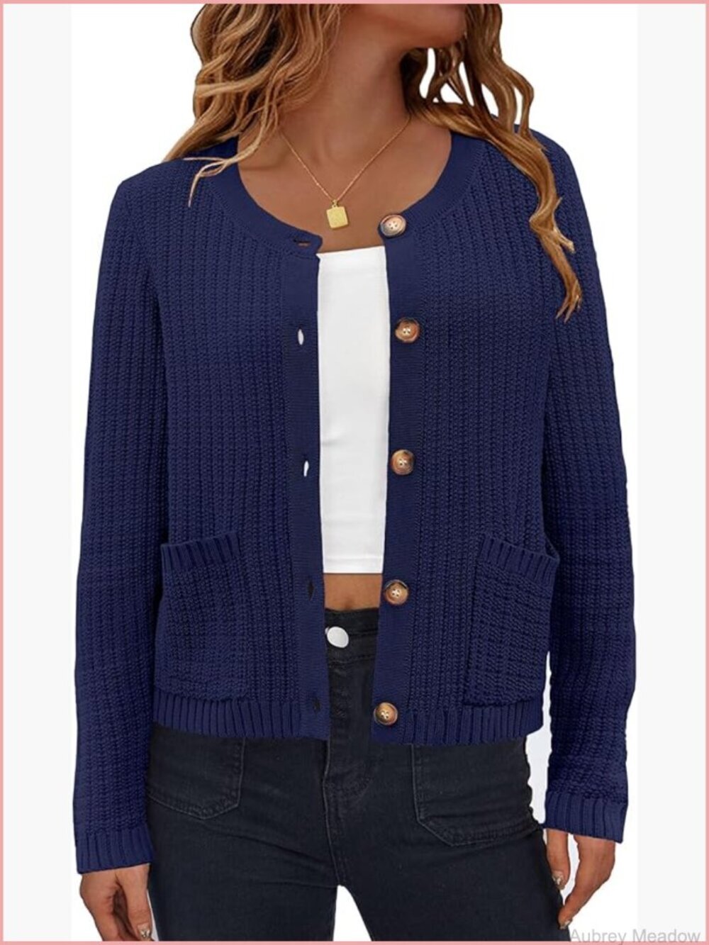 Knit Button Up Cardigan Sweater with Pockets Long Sleeve Crew Neck Open Front